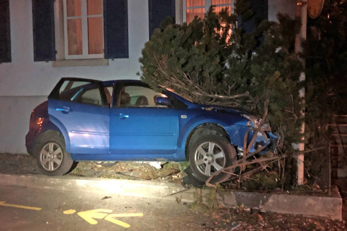 Das Auto kam nach der Kollision auf der Rabatte zum Stillstand und musste mittels Kran des Abschleppers weggehoben werden