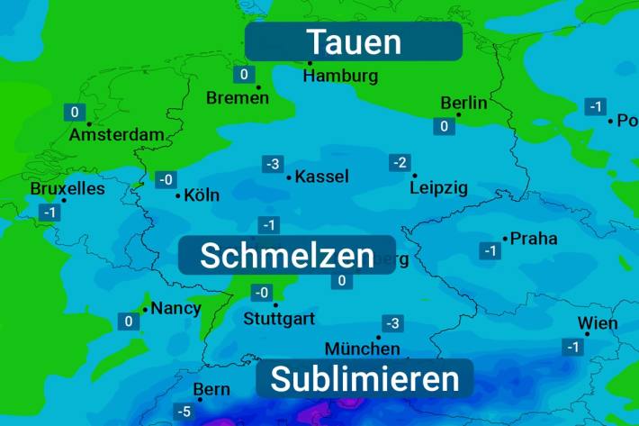 Taupunkt und Feuchttemperatur sind die wichtigsten Parameter beim „Verflüssigen“ des Schnees. Quelle: WetterOnline