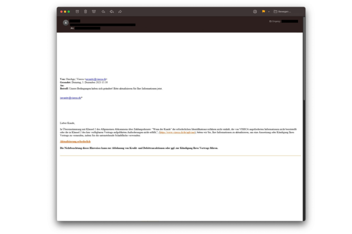 Phishing-Mail mit gespoofter Absenderadresse «security@viseca.ch»
