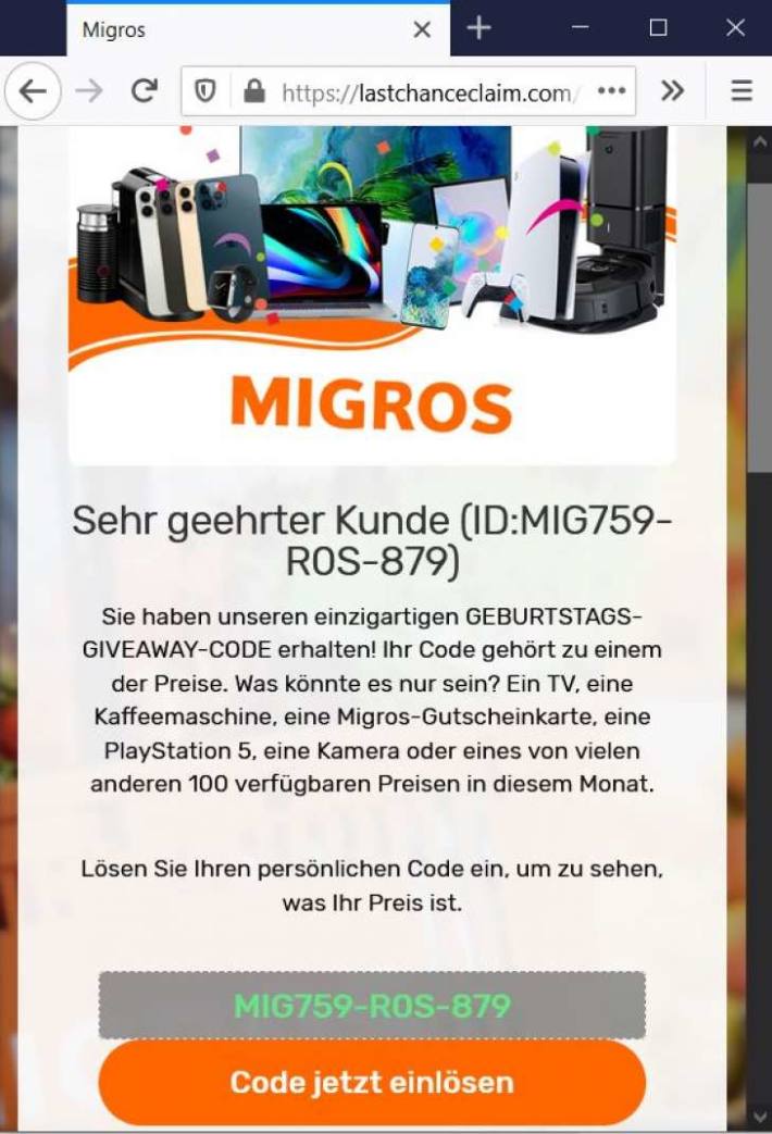 Screenshot der angeblichen MIGROS-Webseite inkl. Gewinncode