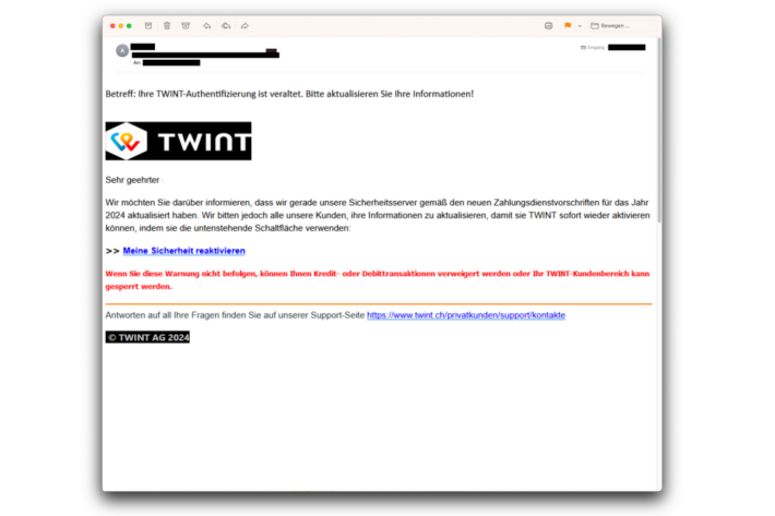 Screenshot des betrügerischen E-Mails