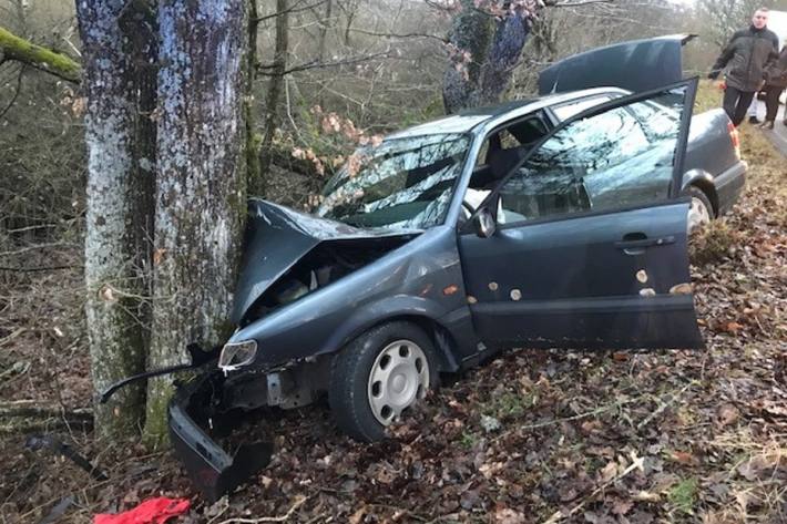 Auto prallt gegen Baum.