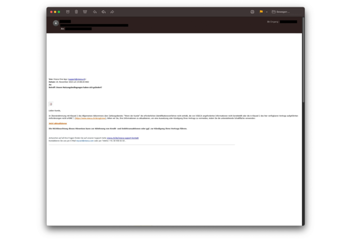 Phishing-Mail mit gespoofter Absenderadresse «support@viseca.ch»