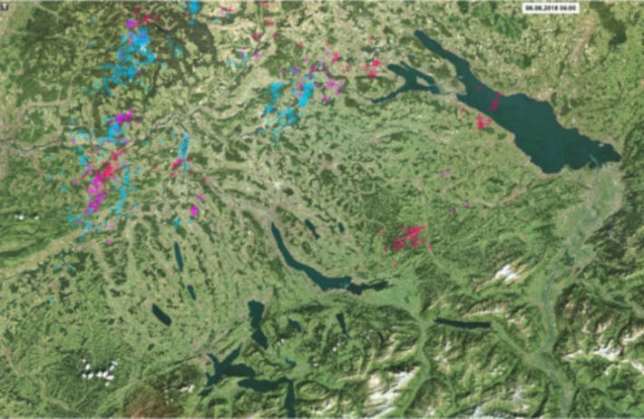 Blitzentladungen Nordschweiz von 5 bis 6 Uhr