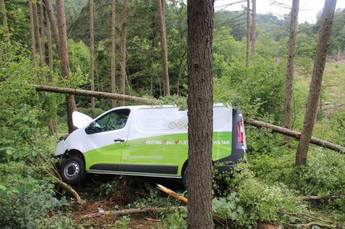 Kleintransporter landet bei Verkehrsunfall im Wald
