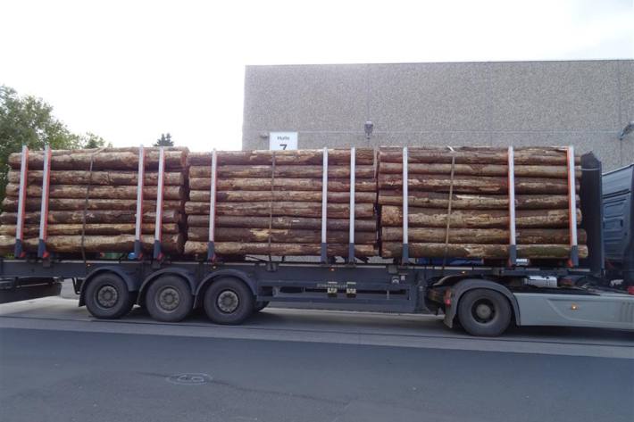 Dieser Holztransporter ist zu schwer unterwegs.