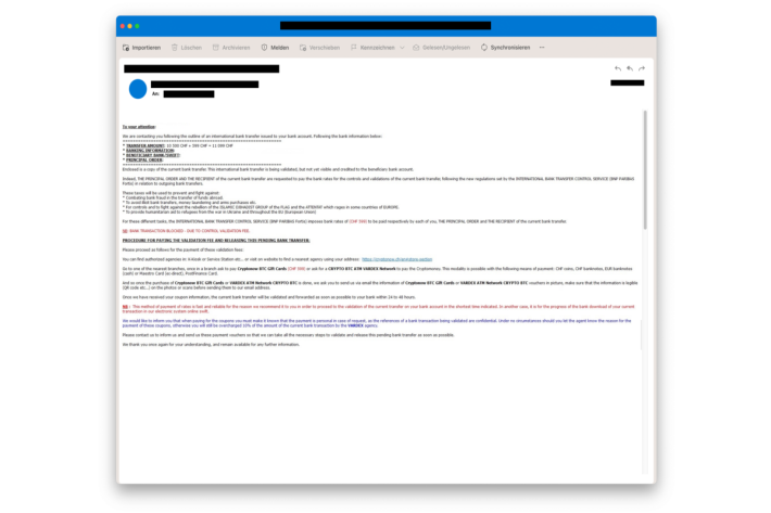 Geforderte Gebührenüberweisung über Krypto-Geschenkkarten