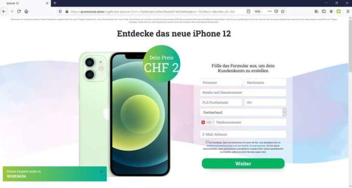 Screenshot der Phishing-Webseite für die persönlichen Daten