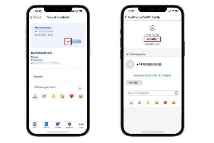  Screenshot einer erhaltenen Zahlung per TWINT (Beispiel ZKB und Postfinance App)