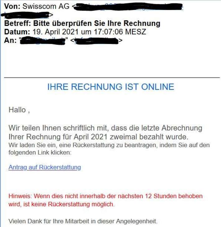 Screenshot Angebliches Mail von Swisscom April 2021