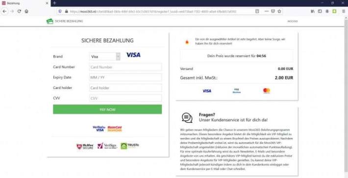 Screenshot der Phishing-Webseite für die Kreditkartendaten