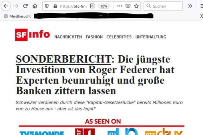 Screenshot Webseite Gefälschter Bericht über den Auftritt von Roger Federer im 10 vor 10