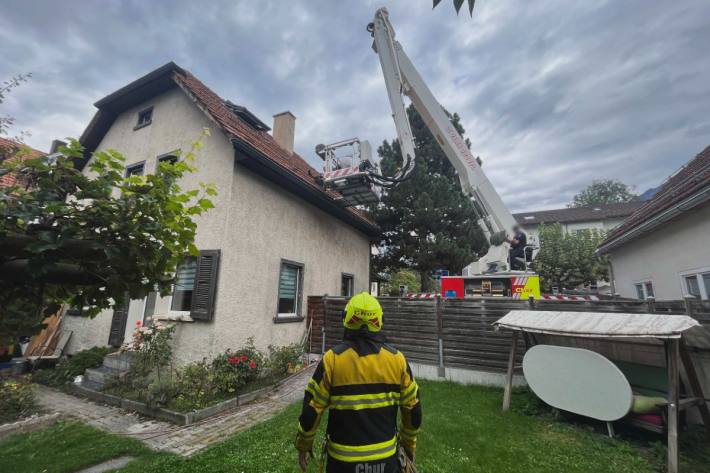 Mit dem Hubretter konnte die Feuerwehr den Hund sicher hinunter bringen.