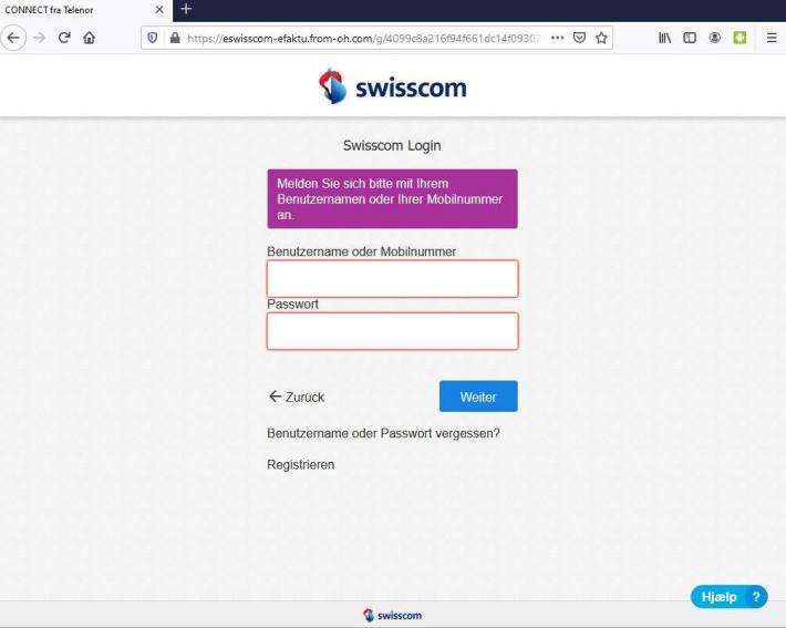 Screenshot Fake-Loginseite der angeblichen Swisscom (Schweiz) AG