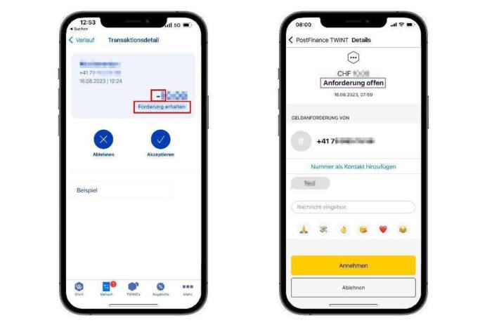  Screenshot einer Geldforderung per TWINT (Beispiel ZKB und Postfinance App)