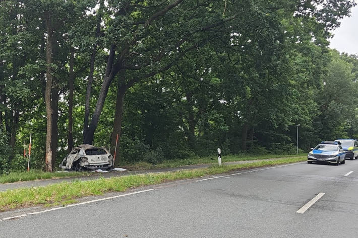 Der Pkw prallte gegen einen Baum und geriet dadurch in Brand.