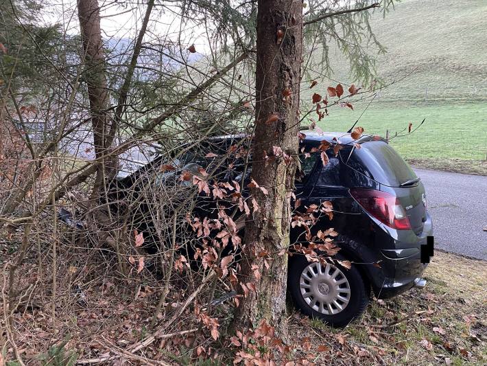 Selbstunfall auf eisglatter Fahrbahn – frontal gegen Baum geprallt