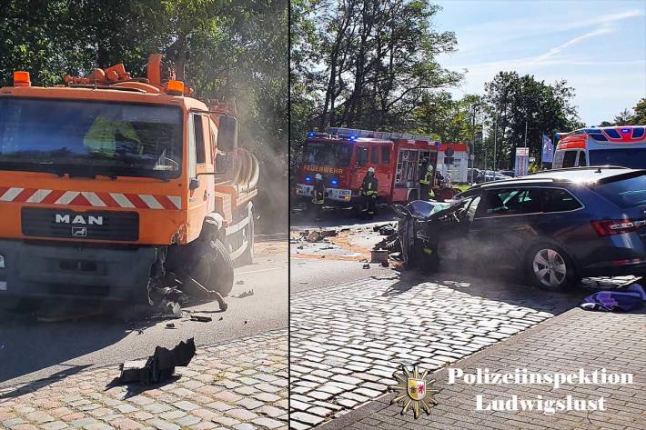 Ersten Erkenntnissen zufolge geriet ein PKW in den Gegenverkehr und prallte dort mit einem LKW frontal zusammen