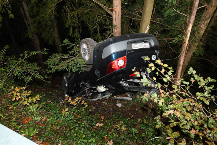 Das Auto landete in einem Wald auf dem Dach.