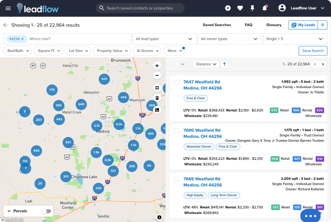 Screenshot of real estate investing software functionality and lead generation capabilities