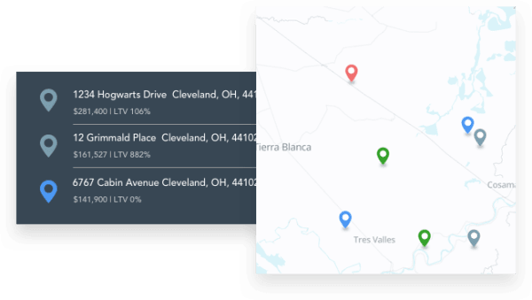 Various property lead pins on map that were uncovered using real estate leads generation software