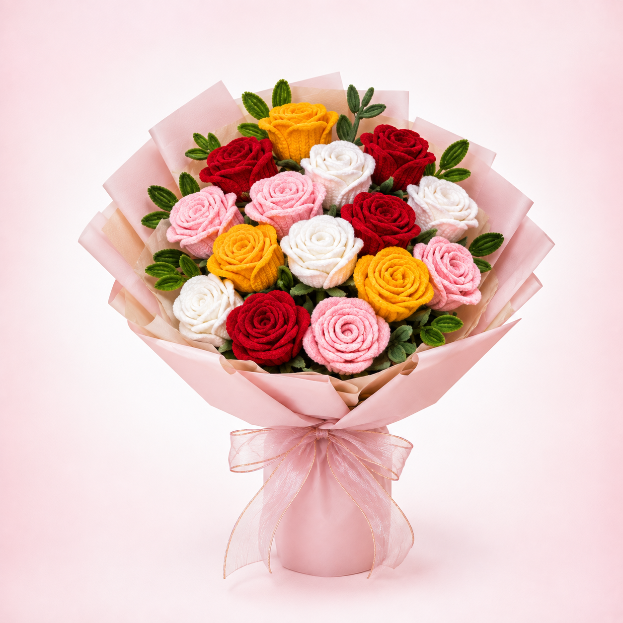Handmade pipe cleaner rose bouquet in pink wrap