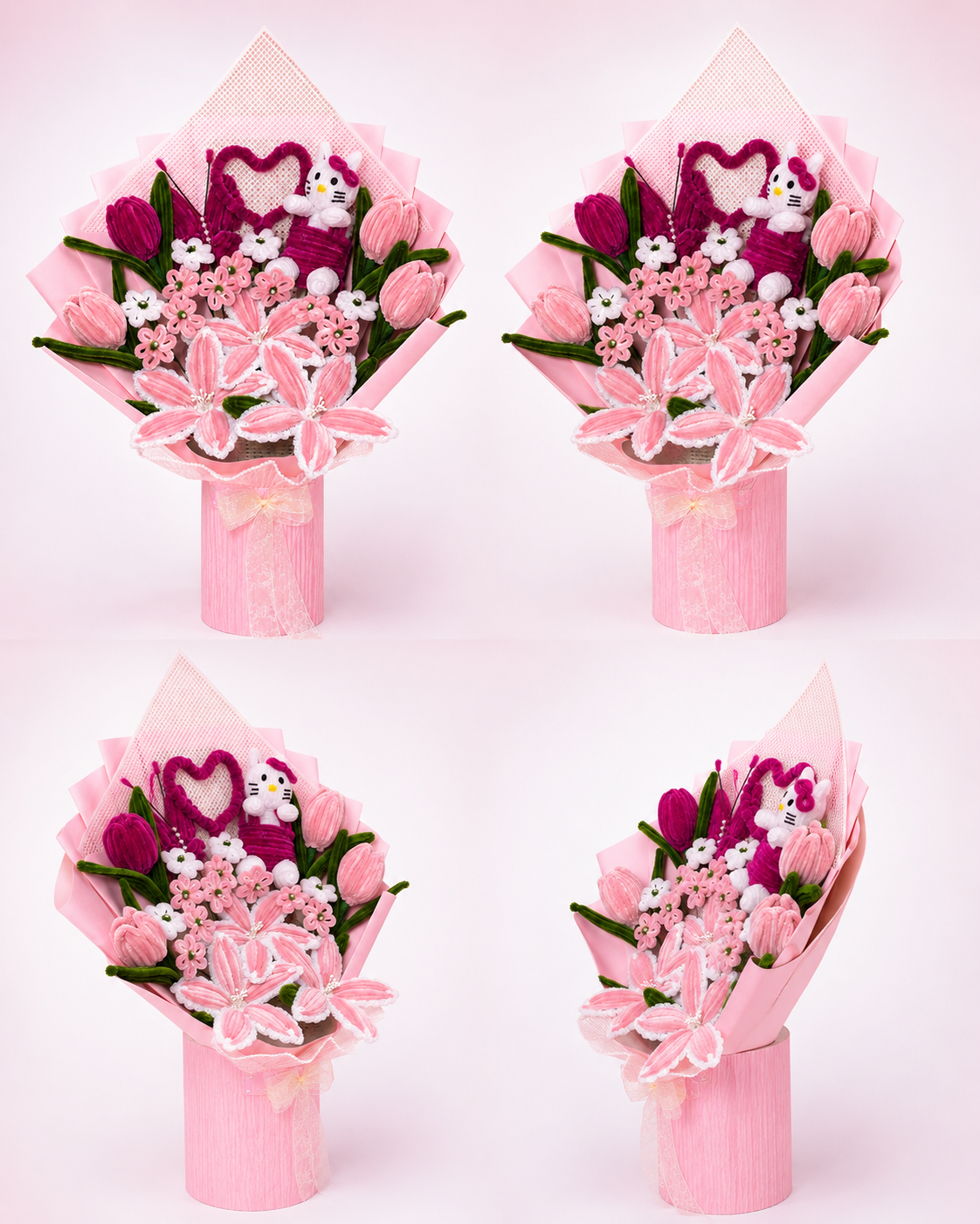 Handmade Pink Lily & Tulip Flower Bouquet with Rose, Butterfly & Heart Detail