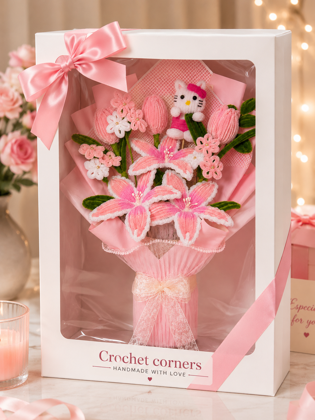 Handmade Pink Lily & Tulip Hello Kitty Pipe Cleaner Flower Bouquet