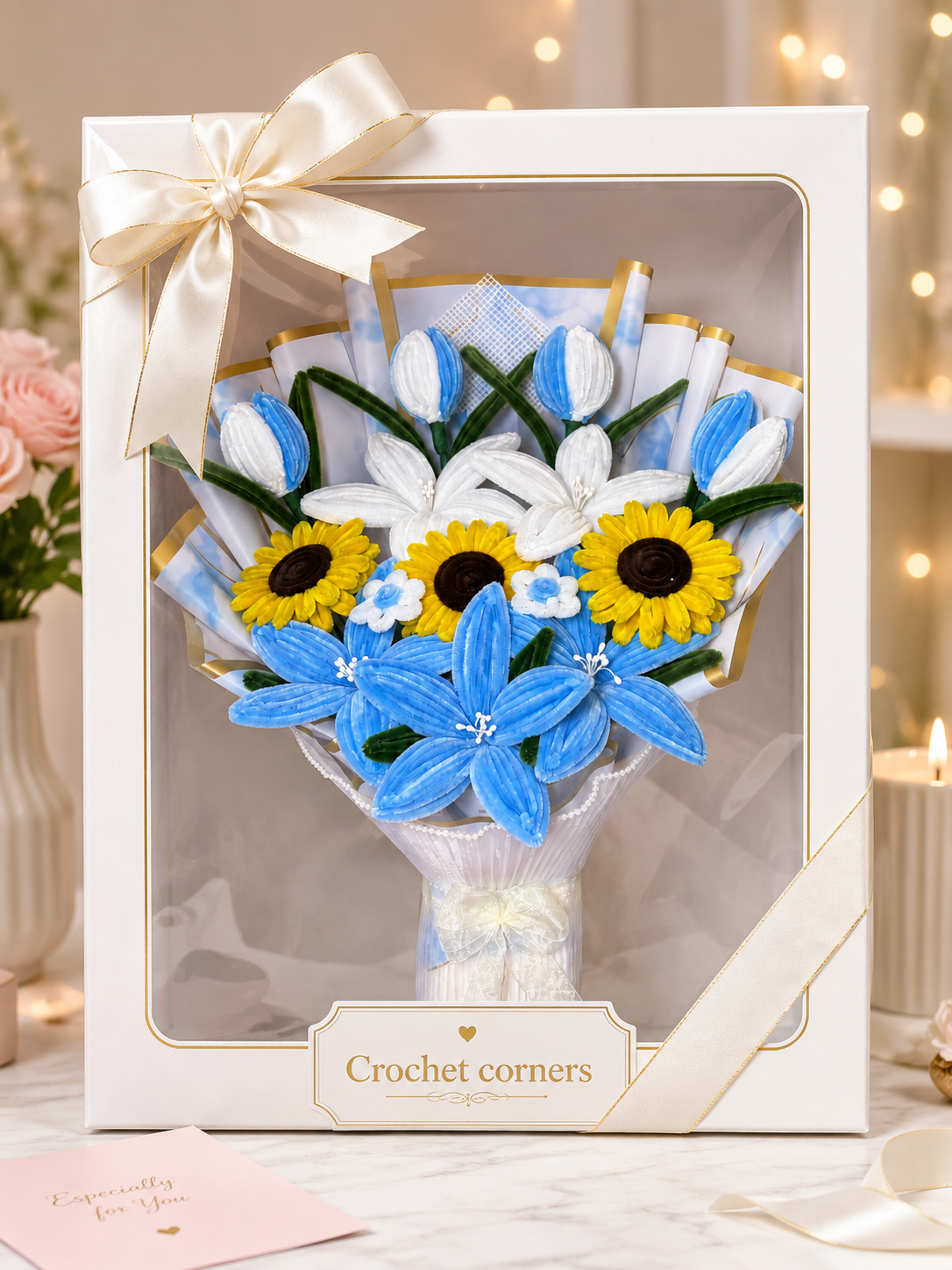 Handmade Blue & White Lily, Tulip & Sunflower Pipe Cleaner Flower Bouquet