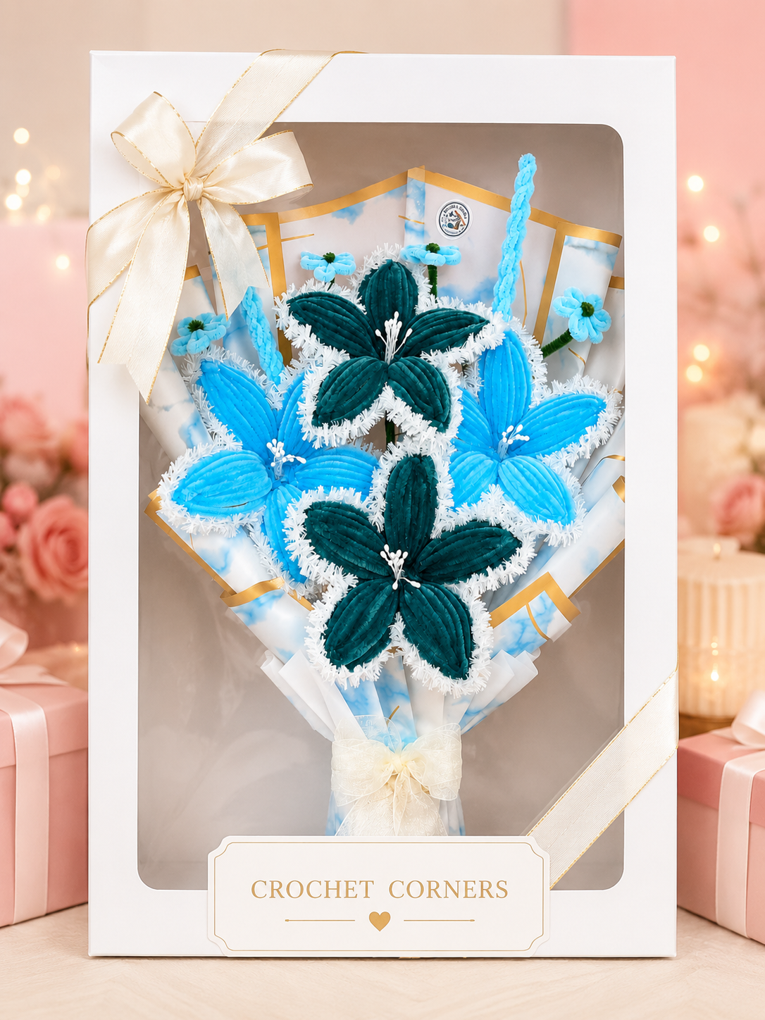   Handmade Blue & Teal Lily Pipe Cleaner Flower Bouquet
