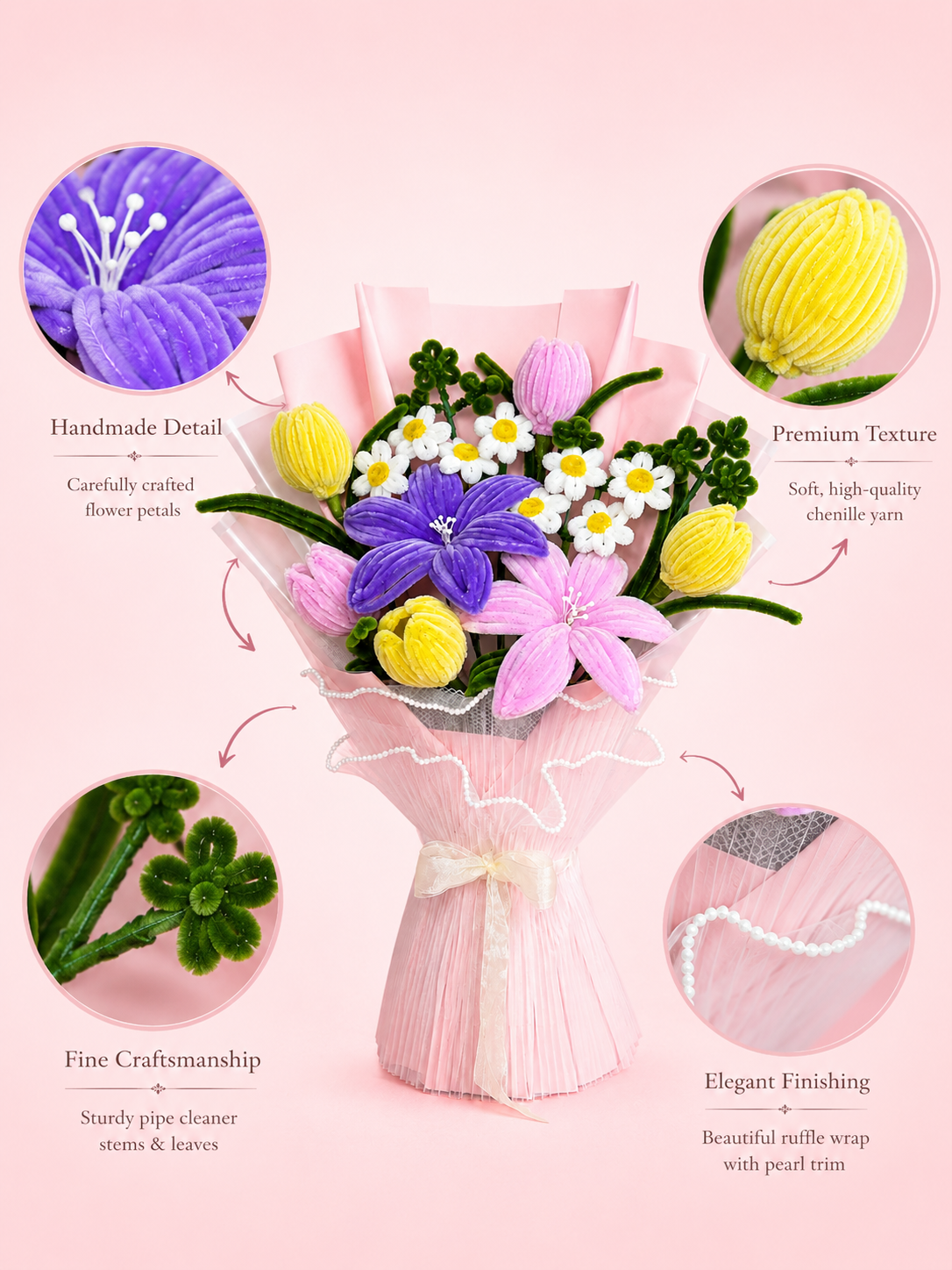 Handmade Purple & Pink Lily Flower Bucket with Yellow Buds & White Daisies