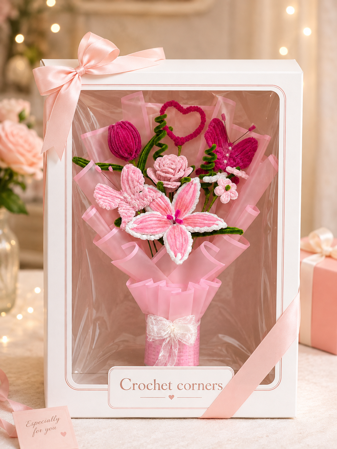 Handmade Pink Lily & Rose Flower Bouquet with Butterfly Detail