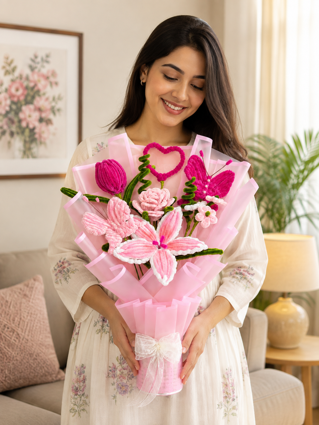 Handmade Pink Lily & Rose Flower Bouquet with Butterfly Detail