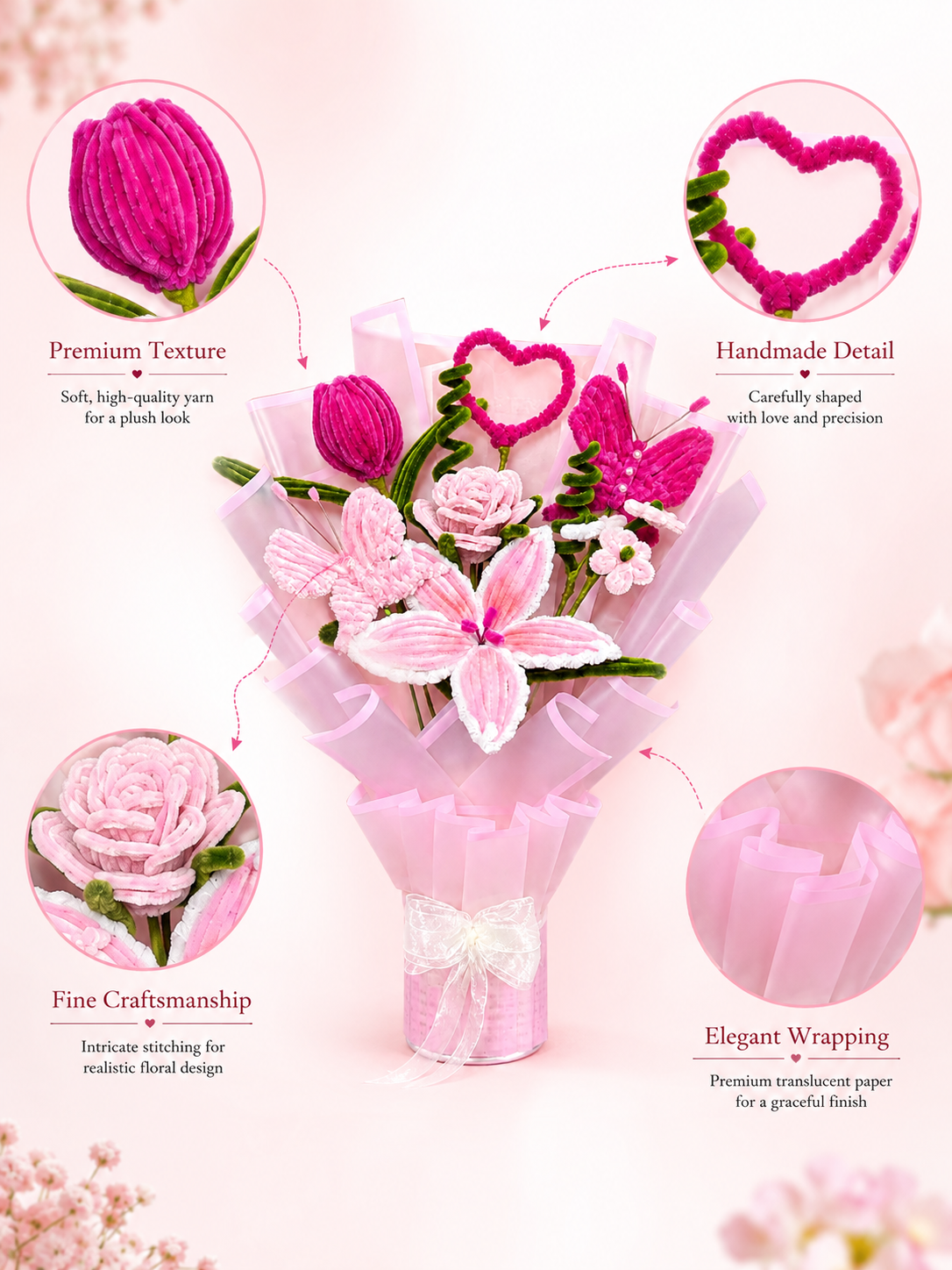 Handmade Pink Lily & Rose Flower Bouquet with Butterfly Detail
