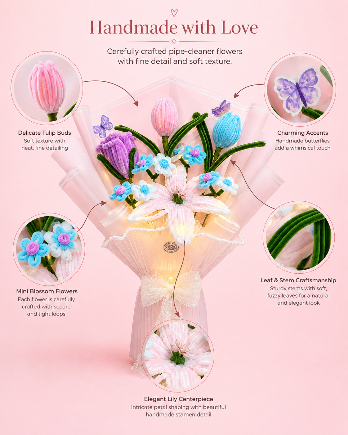  Handmade Pastel Mixed Colour Pipe Cleaner Flower Bouquet