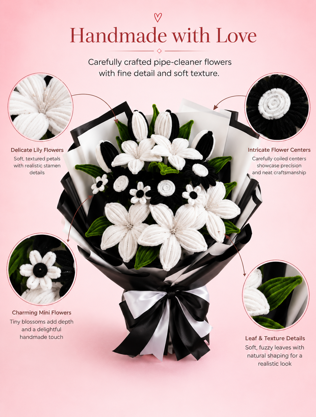  Handmade Black & White lily Pipe Cleaner Flower Bouquet