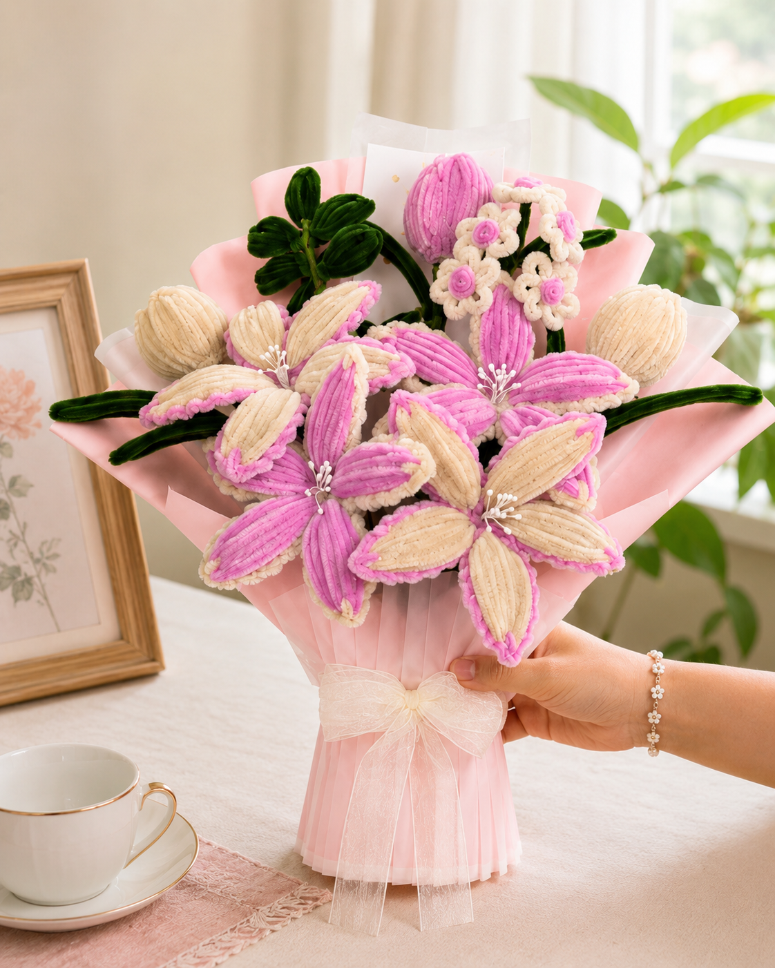  Handmade Pink & Cream Lily and Daisy Pipe Cleaner Flower Bouquet