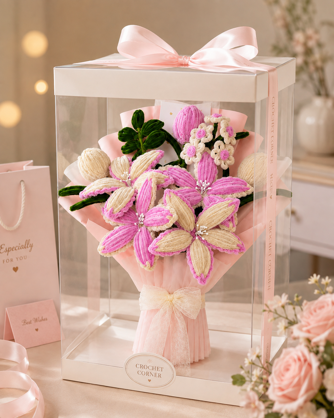  Handmade Pink & Cream Lily and Daisy Pipe Cleaner Flower Bouquet