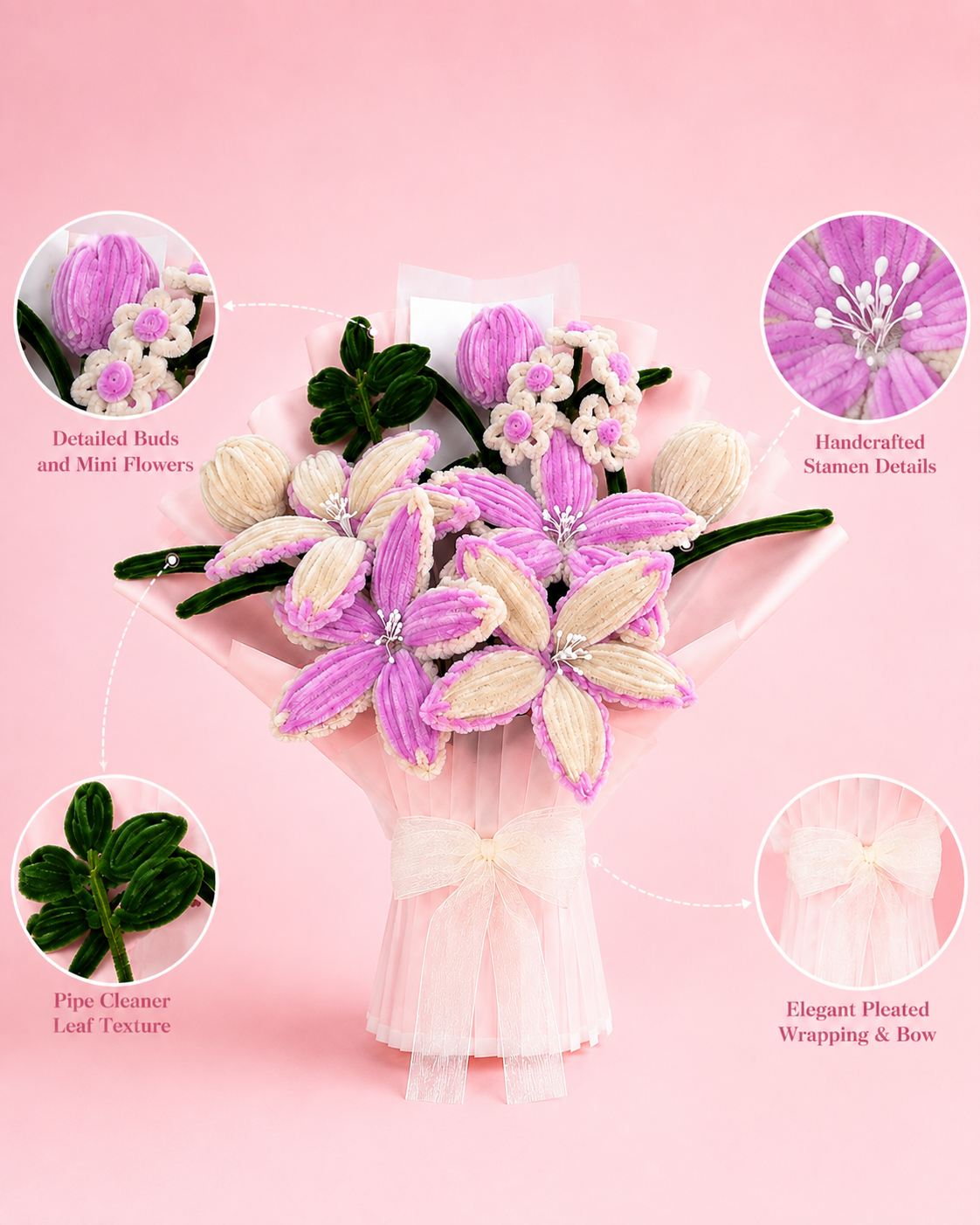  Handmade Pink & Cream Lily and Daisy Pipe Cleaner Flower Bouquet