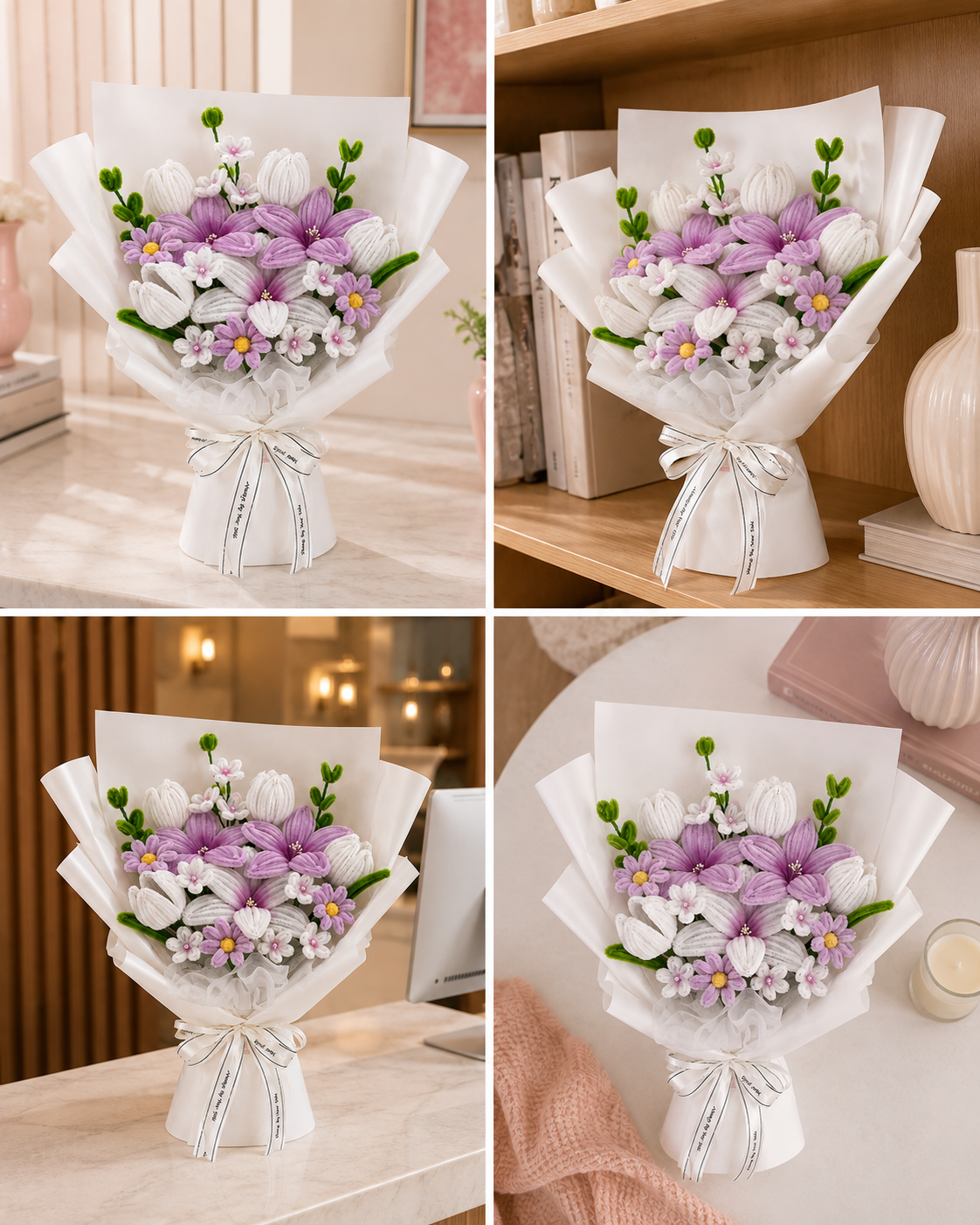  Handmade Purple Lily, White Tulip & Daisy Pipe Cleaner Flower Bouquet