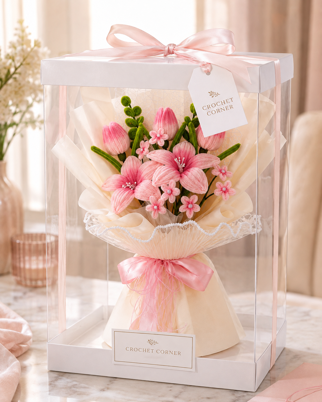  Handmade Pink Lily & Tulip Pipe Cleaner Flower Bouquet