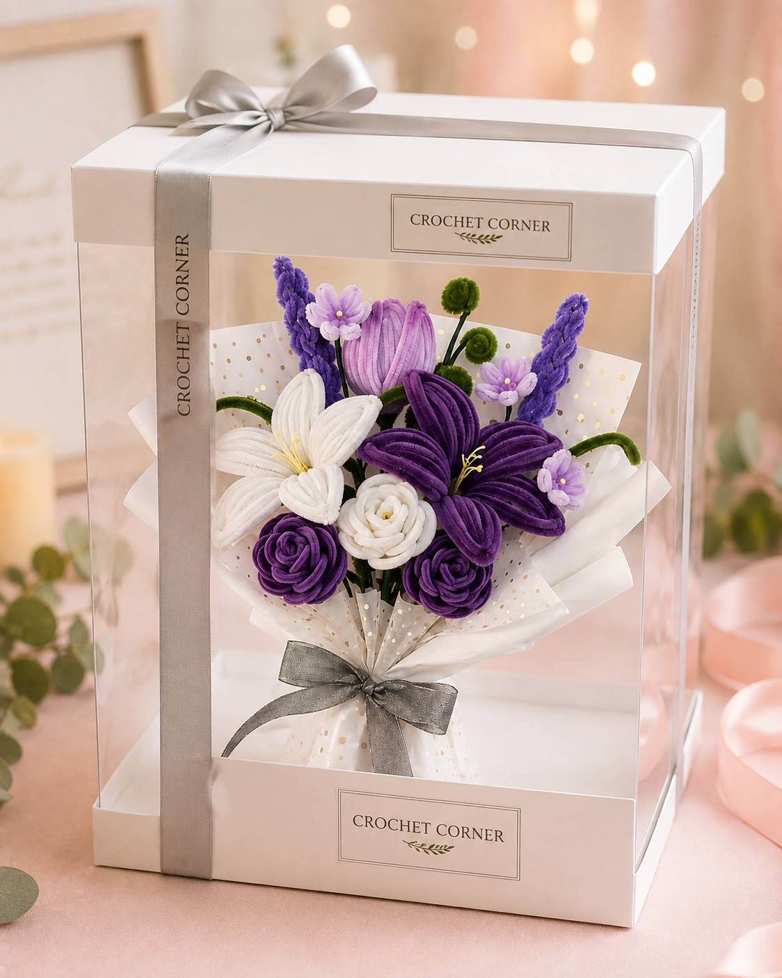 Handmade Purple & White Lily, Tulip & Rose Pipe Cleaner Flower Bouquet