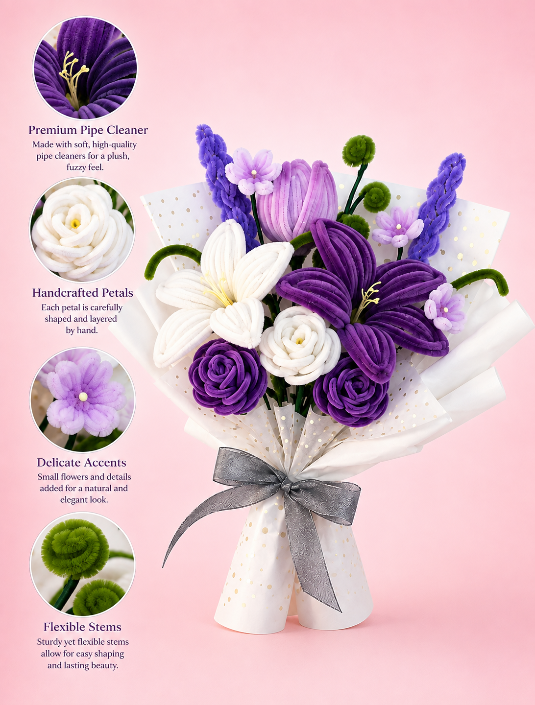 Handmade Purple & White Lily, Tulip & Rose Pipe Cleaner Flower Bouquet