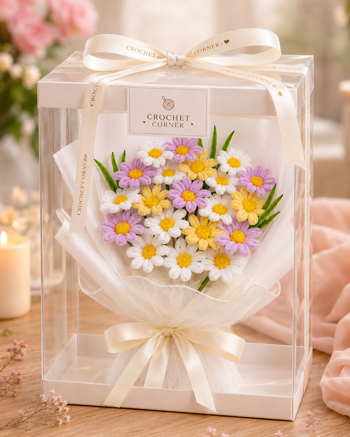 Handmade Pastel Pink, White & Yellow Daisy Pipe Cleaner Flower Bouquet
