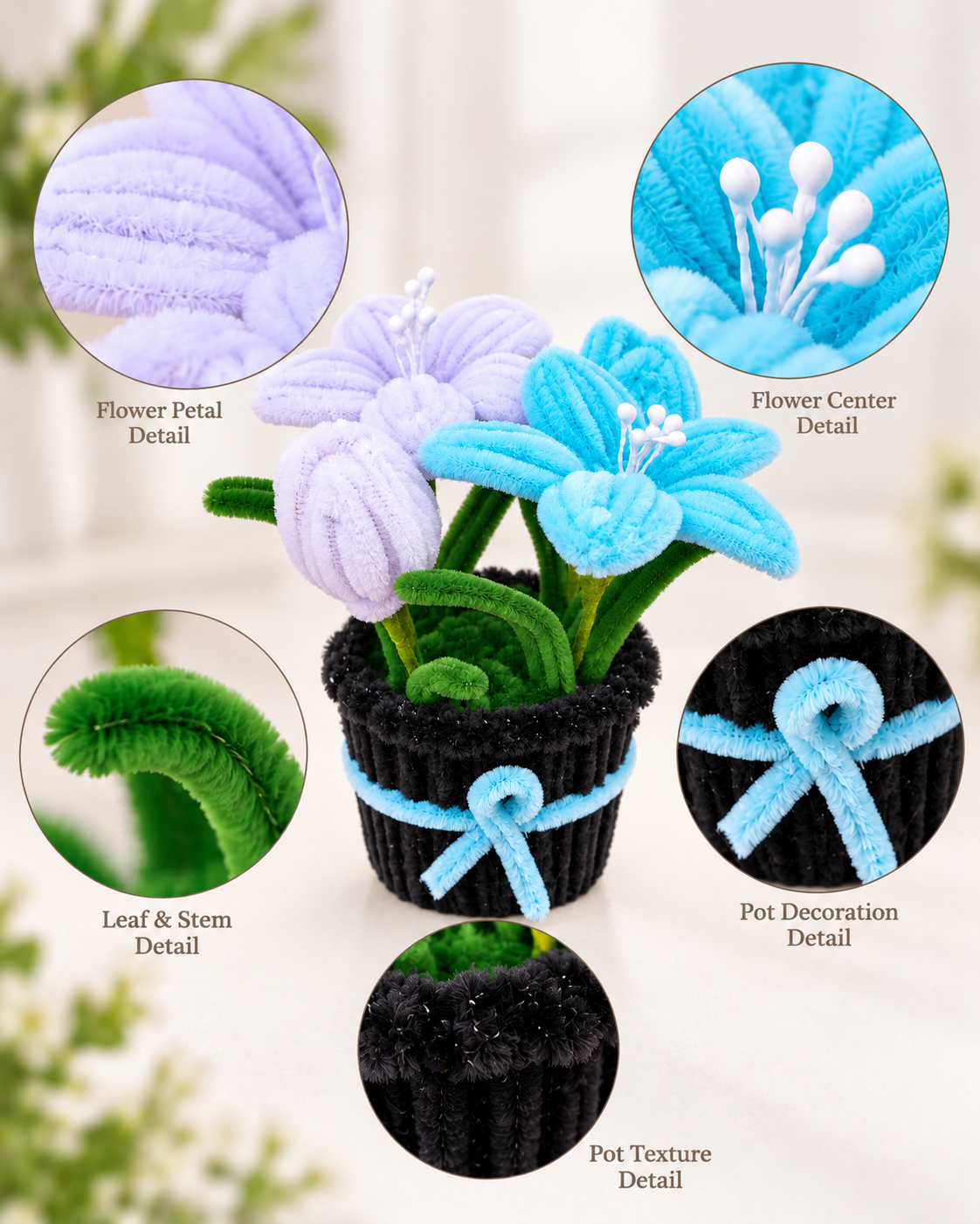  Blue Tulip & Lily Black Pot – Handmade Pipe Cleaner Flower Décor