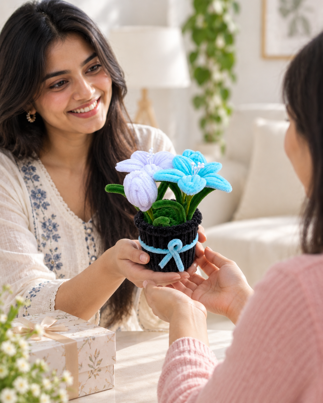  Blue Tulip & Lily Black Pot – Handmade Pipe Cleaner Flower Décor