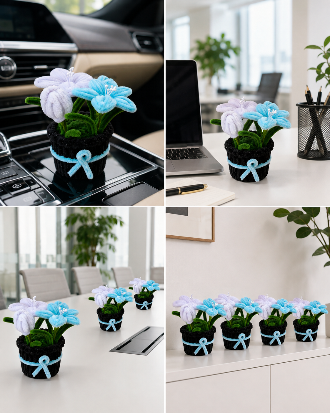  Blue Tulip & Lily Black Pot – Handmade Pipe Cleaner Flower Décor