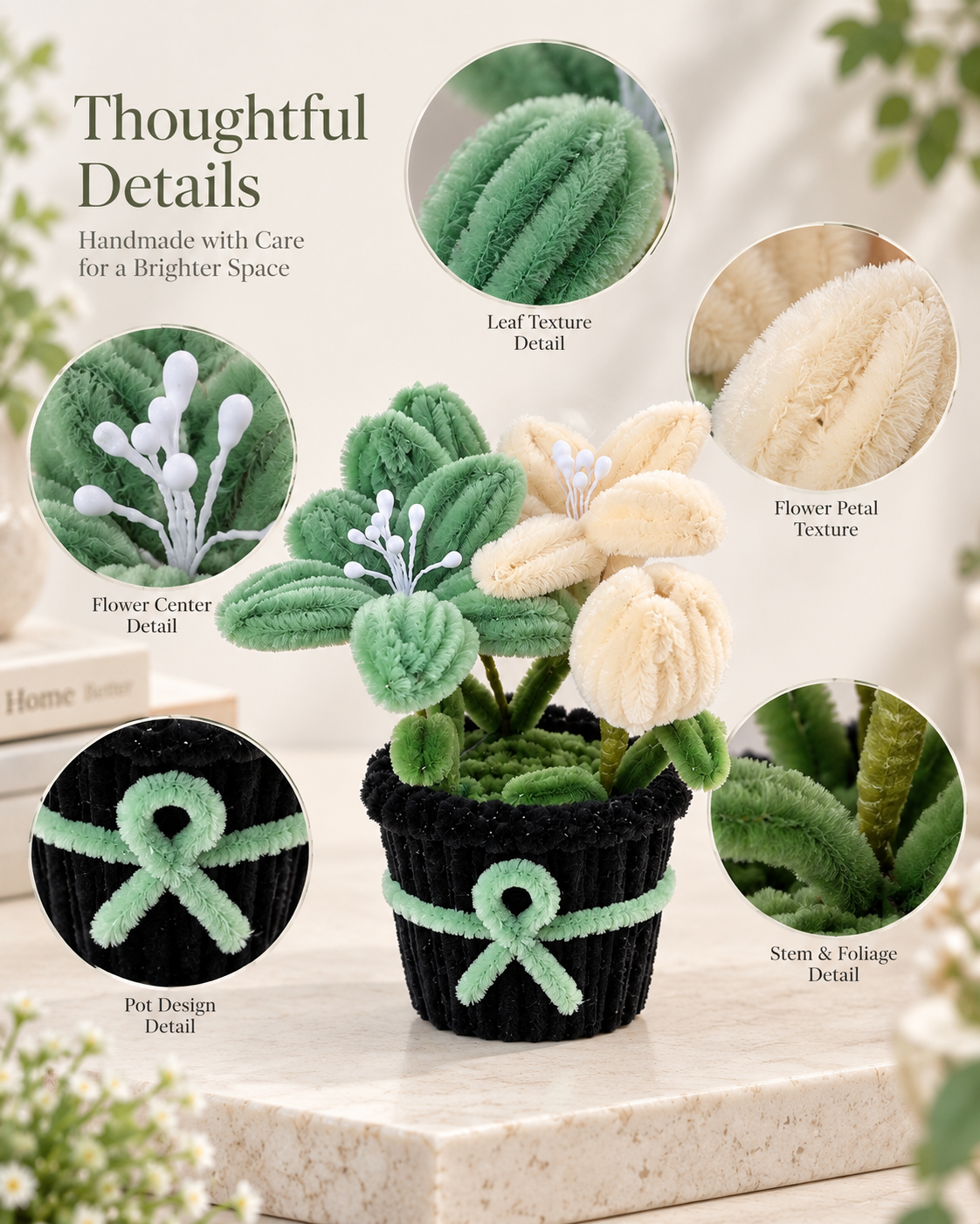 Green & Cream Tulip Lily Black Pot – Handmade Pipe Cleaner Flower Décor