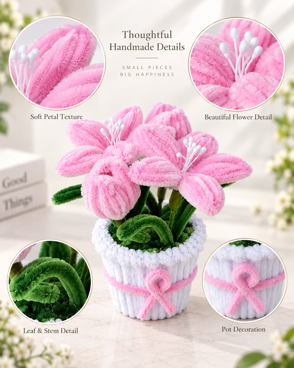  Pink Tulip & Lily White Pot – Handmade Pipe Cleaner Flower Décor