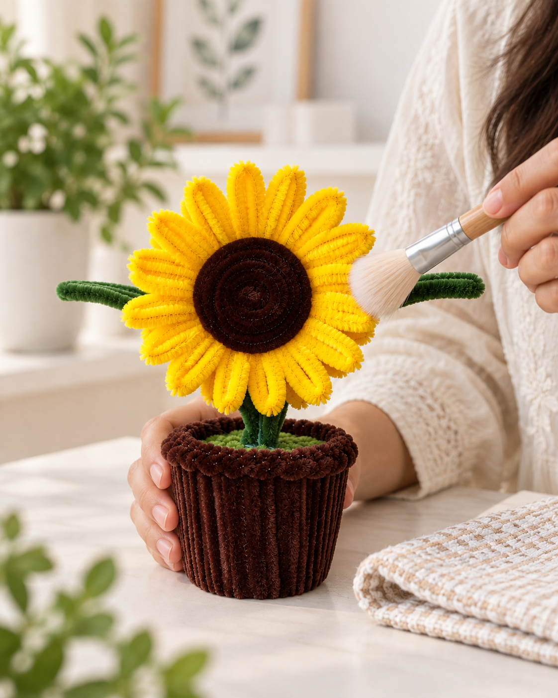  Yellow Sunflower Brown Pot – Handmade Pipe Cleaner Flower Décor 